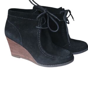 Lucky Brand Style LK Ysabel wedge booties Sz 6 Suede Black Career Casual Travel